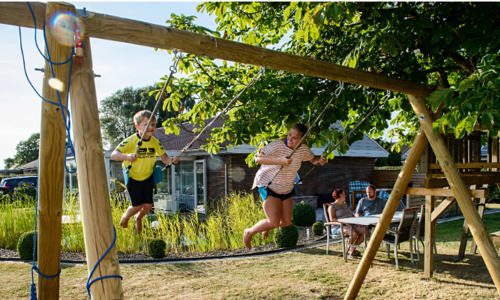 Børn der gynger i haven